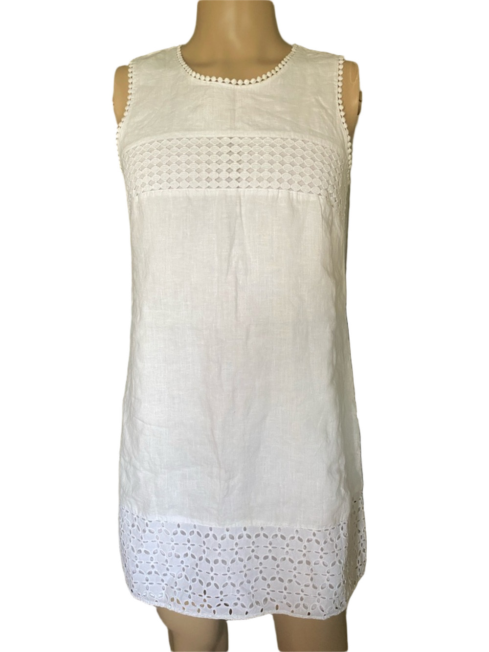 Kaari Blue White linen Eyelet Sundress with Lace Trim